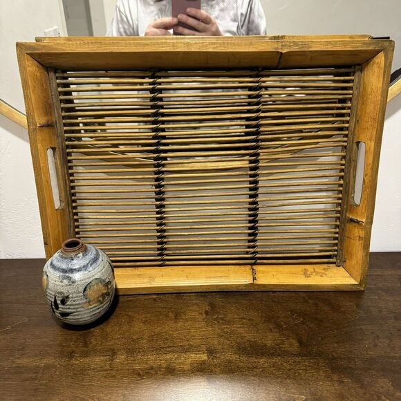 1960s Mid-Century Burnt Tortoise Motif Bamboo Rattan Serving Tray Boho Chic Tiki - Picture 4 of 8